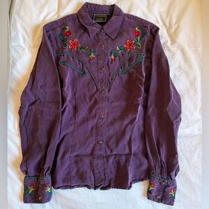 Vintage Studio West Purple Pearl Snap Western Shirt with Floral Embroidery